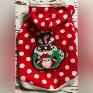 Festive Red Polka Dot Dog Hoodie with Hot Chocolate emblem with Santa
XS